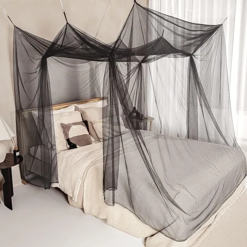 Vista 3 de Mosquitera negra para camas individuales a king size – 2 aberturas laterales y 6 bucles para colgar – Forma rectangular decorativa para el hogar