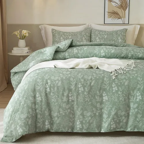 Vista 76 de Juego de funda de edredón blanca con estampado floral azul, juego de ropa de cama de algodón suave estilo bohemio, juego de ropa de cama estética