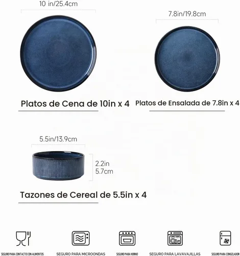 Vista 2 de Juego de vajilla de cerámica de 12 piezas para 4, platos y cuencos de gres Azul oscuro (12 piezas)