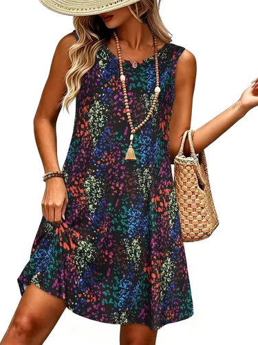 Vista 32 de elescat Vestidos de verano para mujer 2025, vestido casual de playa sin mangas con estampado floral, tipo camiseta, suelto y con bolsillos