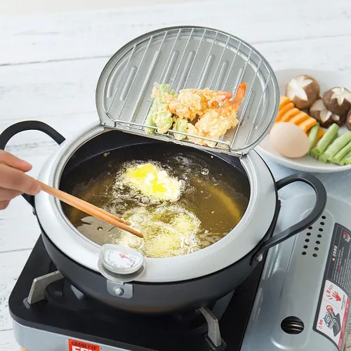Vista 5 de Sartén con revestimiento antiadherente con termómetro Tempura Freidora Pot, Mini sartén profunda con escurridor Mini Sartén profunda con sartén