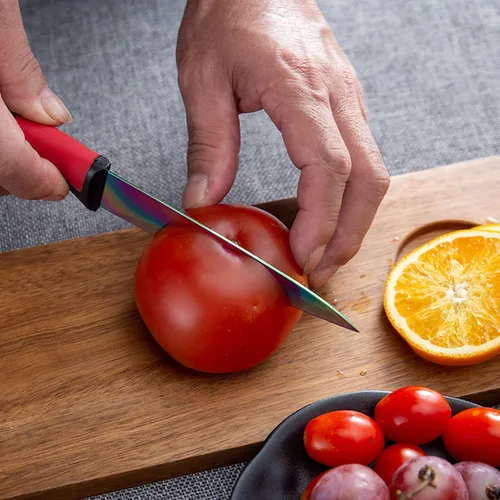 Vista 8 de SiliSlick Juego de cuchillos para carne de acero inoxidable, cuchillos de cocina coloridos con revestimiento de titanio con borde recto, suave
