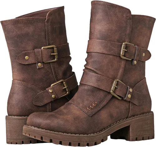 Vista 2 de GLOBALWIN Lace up Mid Calf Motorcycle Fashion Festival Boots Combat Riding Military Boots for Women
