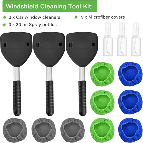 Vista 7 de 3 piezas de microfibra limpiador de parabrisas de coche, kit de limpieza para detalles del interior del automóvil con mango extensible y 9