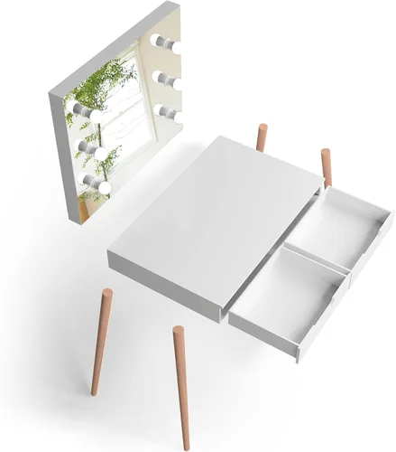 Vista 5 de Escritorio de espejo de maquillaje de madera maciza+MDF mesa de tocador de maquillaje con luz LED y puerto USB tocador con 2 cajones