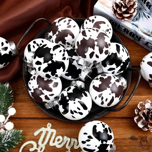 Vista 2 de JULMELON 24 piezas Adornos de esferas de Navidad con impresión de cuero de vaca, adornos de vaca occidentales, esferas colgantes inastillables