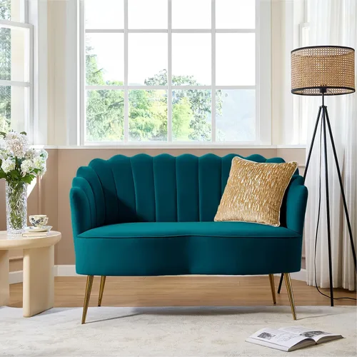 Vista 29 de HULALA HOME Silla decorativa moderna de terciopelo con respaldo en forma de concha, bonito sillón para sala de estar, dormitorio con patas doradas