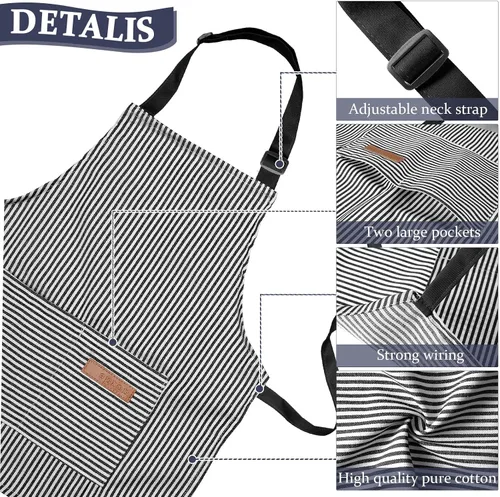 Vista 4 de Jiuguva 2 piezas de delantal para niños ajustable de algodón para niños pequeños con rayas de chef con 2 bolsillos para hornear para niños