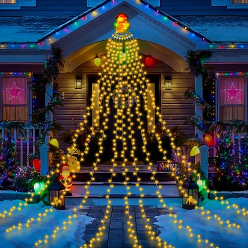 Vista 9 de Guirnalda de luces de cascada de Navidad para exteriores, luces de árbol de Navidad con 335 luces LED de 11.48 pies, 9 hebras, 8 modos