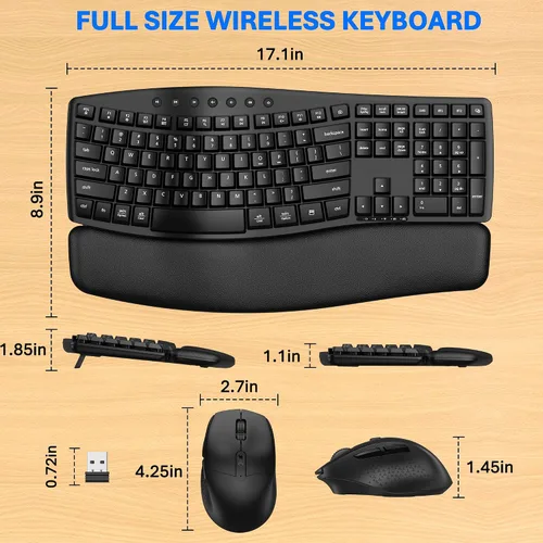 Vista 8 de Combo ergonómico de teclado inalámbrico y mouse, conexión EDJO Bluetooth/2.4G de modo dual, reposamuñecas de espuma suave, escritura silenciosa