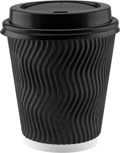 Vista 4 de NYHI Paquete de 100 vasos de papel negro de 10 onzas con tapas negras, popotes, tazas de café, desechables, sin BPA, aisladas, onduladas, vasos