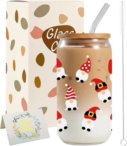 Vista 10 de JEKUGOT Vasos de Navidad para mujeres, vasos de vidrio de 16 onzas con tapa Estilo A