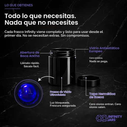 Vista 3 de Infinity Jars – Tarro de 250 ml (8.3 fl oz) alto negro ultravioleta rellenable de cristal con tapón de rosca