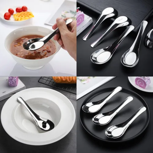 Vista 8 de Cucharas de sopa de acero inoxidable, juego de 12 cucharas de sopa china, cuchara de caldo plateada, pulido con espejo