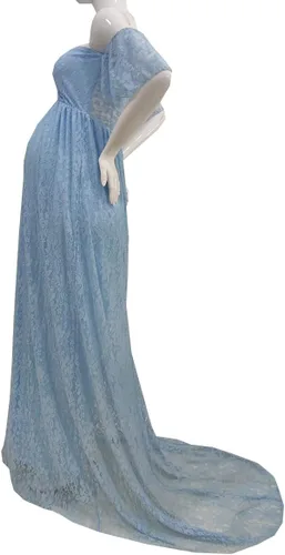 Vista 4 de Vestido de maternidad para mujer, con encaje, fotografía, vestido de embarazada, con volantes, largo, para sesión de fotos