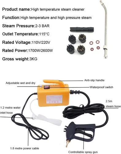 Vista 5 de Vaporizador de 1700 W para limpieza, vaporizador portátil de alta presión de 110 V, tanque de agua grande, máquina de limpieza a vapor eléctrica