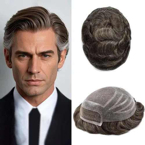 Vista 32 de Toupee - Piezas de pelo para hombres, cabello humano real, sistema de reemplazo de cabello francés, encaje francés, extensiones de cabello