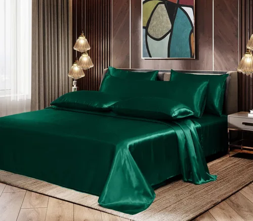 Vista 9 de Homiest Juego de sábanas de satén, tamaño matrimonial, 7 piezas de ropa de cama de satén en verde negruzco, sábana bajera de bolsillo profundo