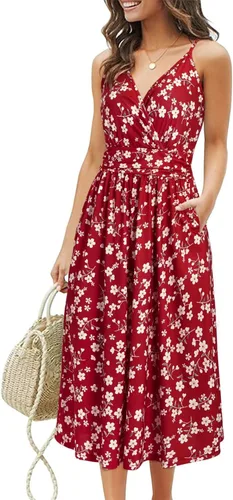 Vista 14 de Ouges Vestido corto de verano para mujer, con cuello en V, tirantes delgados, estampado floral y bolsillos, de fiesta