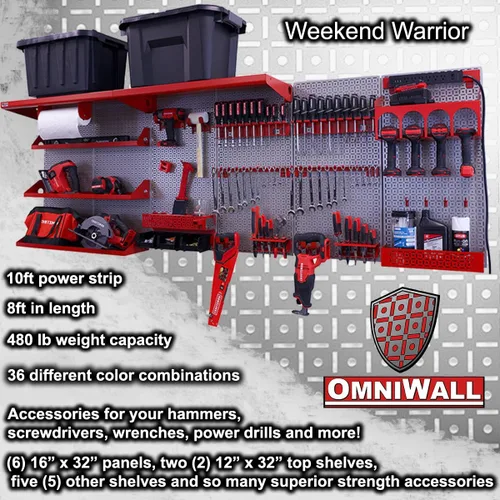 Vista 2 de OmniWall Weekend Warrior Ultimate Tool Kit - Sistema de Almacenamiento de Pared de Tablero de Clavos de Metal de 96" x 32" Negro/Naranja
