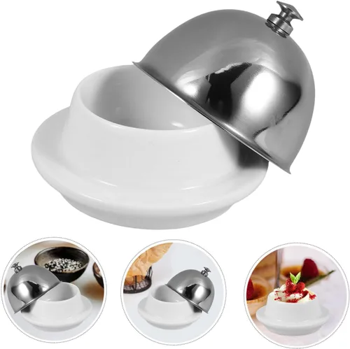 Vista 7 de DOITOOL Mantequillera de cerámica con cubierta de cúpula de acero inoxidable, plato de queso con tapa para encimera, bandeja de servir plato