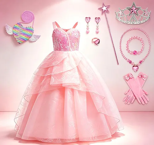 Vista 3 de 9 piezas de disfraz de bruja rosa de Halloween para niñas, vestido de princesa de malla con lentejuelas y accesorios