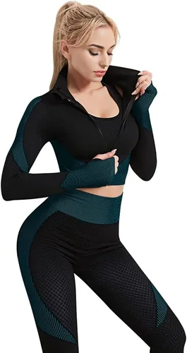 Vista 4 de TUMILKETS Conjunto deportivo de 3 piezas para mujer, sin costuras, manga corta, brasier deportivo, cintura alta, pantalones cortos de yoga