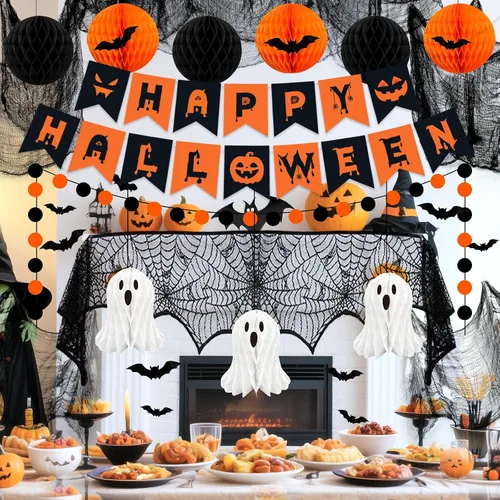 Vista 7 de Decoraciones de fiesta de Halloween, 29 piezas de decoración de interiores de Halloween con mantel de tela, tela espeluznante, colgante de fantasma