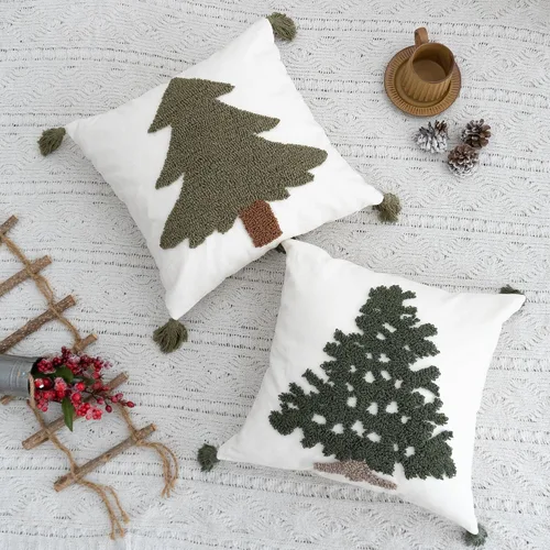 Vista 2 de Funda de almohada verde copetuda con borlas, funda de cojín tejida a mano para decoración del hogar de vacaciones de invierno, 18 x 18 pulgadas, 1