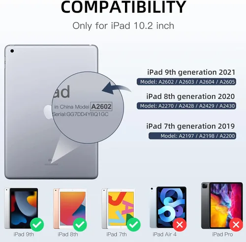 Vista 6 de Wenlaty Funda compatible con iPad de 9ª, 8ª, 7ª generación (2021/2020/2019), funda protectora de cuerpo completo con soporte para lápices, funda