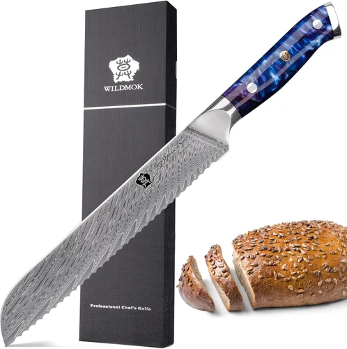 Vista 9 de WILDMOK Cuchillo de pan de acero dentado de Damasco, cuchillo de pan dentado de 8 pulgadas, mango ergonómico de resina de espiga completa, afilado