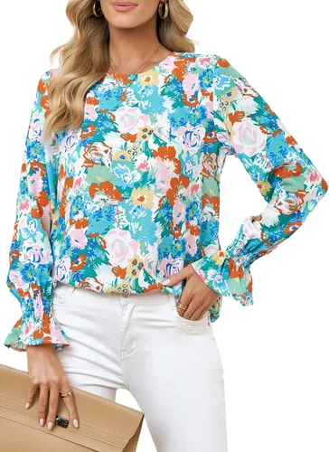 Vista 4 de EVALESS Blusas de gasa sueltas con cuello redondo y manga larga para mujer, estilo bohemio, estampado floral, blusas