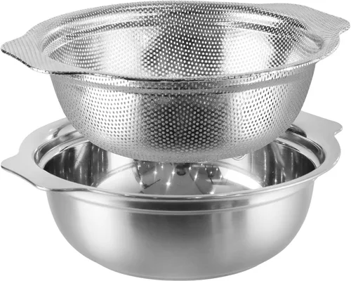 Vista 9 de Colador de acero inoxidable para cocina, colador de arroz de 2.5 cuartos con tazón para mezclar, juego de cuencos coladores con microporoso