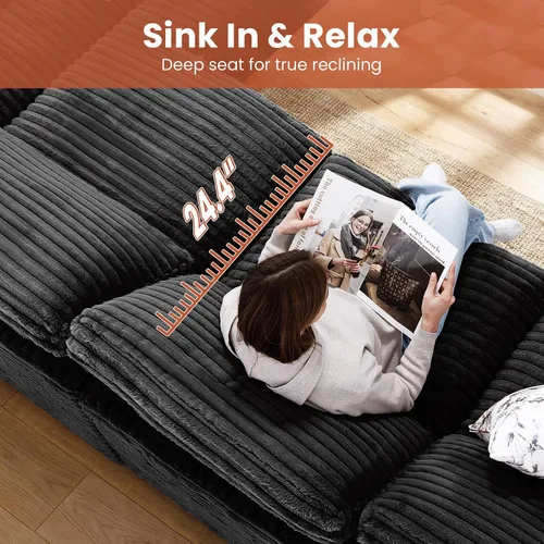Vista 9 de KKL Sofá modular de 150 pulgadas, sofá modular en forma de U con otomana, sofá de pana sin hueso para sala de estar y dormitorio, sofá modular Negro