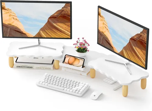Vista 9 de AFOOYO Soporte elevador para monitor, 31.5 pulgadas de madera ligera LED con patas acrílicas ajustables, accesorios de escritorio, soporte