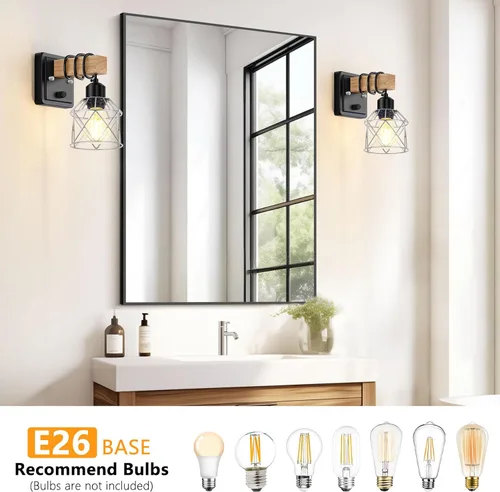 Vista 5 de FadimiKoo Juego de 2 apliques de pared, lámparas de pared de madera de cabecera con interruptor giratorio, lámpara de tocador de baño negra