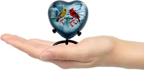 Vista 5 de Cardinal Birds - Urna de recuerdo de corazón, mini urna de corazón para cenizas de pareja cardenal, acogedora urna de corazón compartiendo
