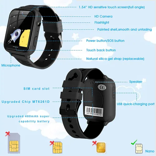 Vista 7 de OKYUK Reloj inteligente para niños, reproductor de MP3, reloj de música, teléfono con alarma de cámara, cámara SOS, llamada de 2 vías, reloj