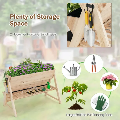 Vista 5 de Giantex Cama de jardín elevada, maceta vertical con estante de almacenamiento, maceta elevada de 3 niveles con ganchos laterales, cama de jardín