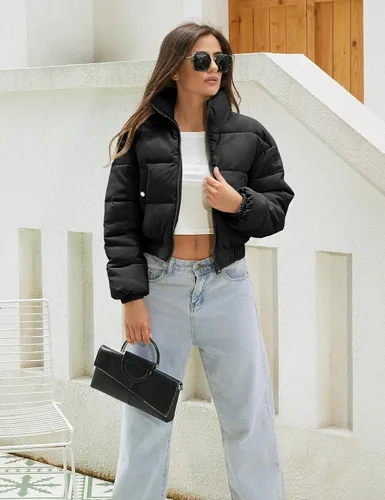 Vista 4 de Hooever Chaqueta corta para mujer, cuello alto, con cremallera completa, abrigo de burbujas