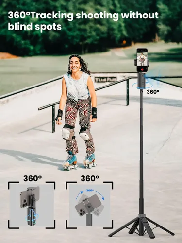 Vista 5 de AOCHUAN Trípode de seguimiento automático de rostros, con control de gestos para iPhone, poste extensible, palo selfie giratorio de 360°, control