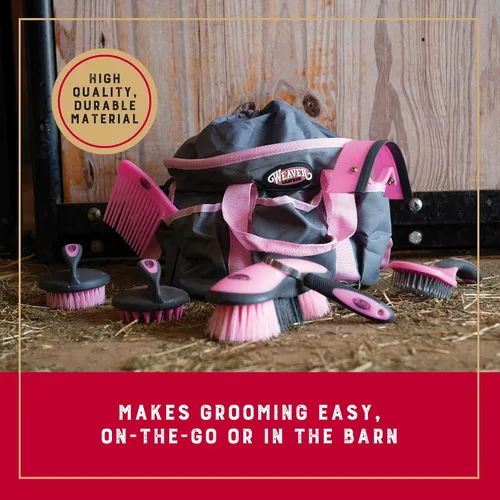Vista 2 de Kit de aseo para caballos de cuero Weaver, juego de cepillos de 7 piezas con bolsa organizadora, cuidado equino, equipo de habitación para pistas