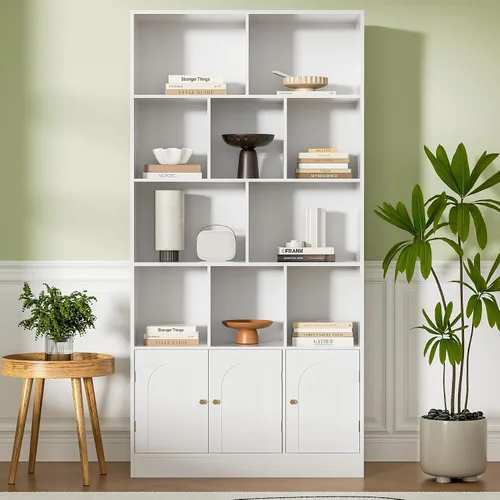 Vista 10 de Housoul Estantería de 71 pulgadas de alto con 10 cubos y 3 puertas, estantería de 4 niveles, estantería abierta con gabinete, organizador de Negro
