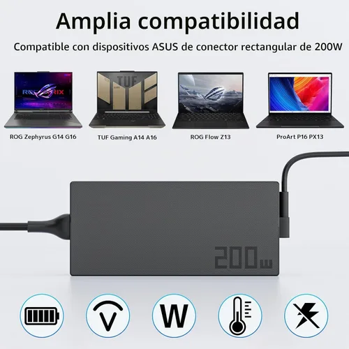 Vista 5 de Cargador de portátil para juegos de 200W 10A para ASUS ROG Zephyrus TUF Carga rápida de 20 V 10 A Potencia estable para juegos Control de Negro