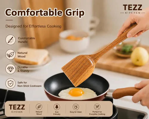 Vista 3 de Espátulas de madera, 2 piezas de utensilios de cocina de madera de acacia natural para sartén antiadherente, herramienta de cocina, espátula
