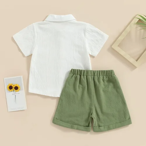 Vista 3 de Karuedoo Conjunto de 2 piezas de ropa de algodÃ³n y lino de manga corta con botones y pantalones cortos para el verano