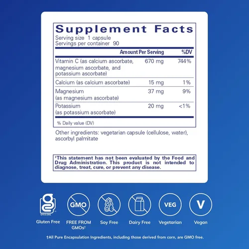 Vista 2 de Pure Encapsulations Cápsulas de ácido ascórbico tamponado Vitamina C para individuos sensibles* 90 cápsulas