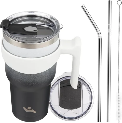 Vista 21 de Konokyo - Vaso de 10 onzas con asa y 2 popotes, 2 tapas, botella de agua aislada de acero inoxidable, taza de viaje reutilizable, color verde militar