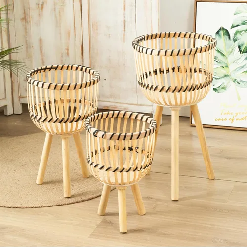 Vista 8 de Soporte tejido de bambú para macetas con patas de madera, cesta de ratán interior, macetas, soporte tejido para plantas de interior, soporte