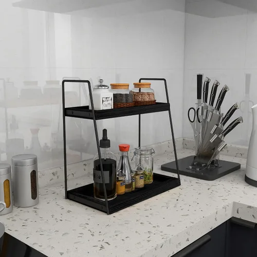 Vista 4 de Dorhors Organizador de encimera de baño de 2 niveles, organizador de tocador para encimera de baño, estante de madera para cocina (negro)